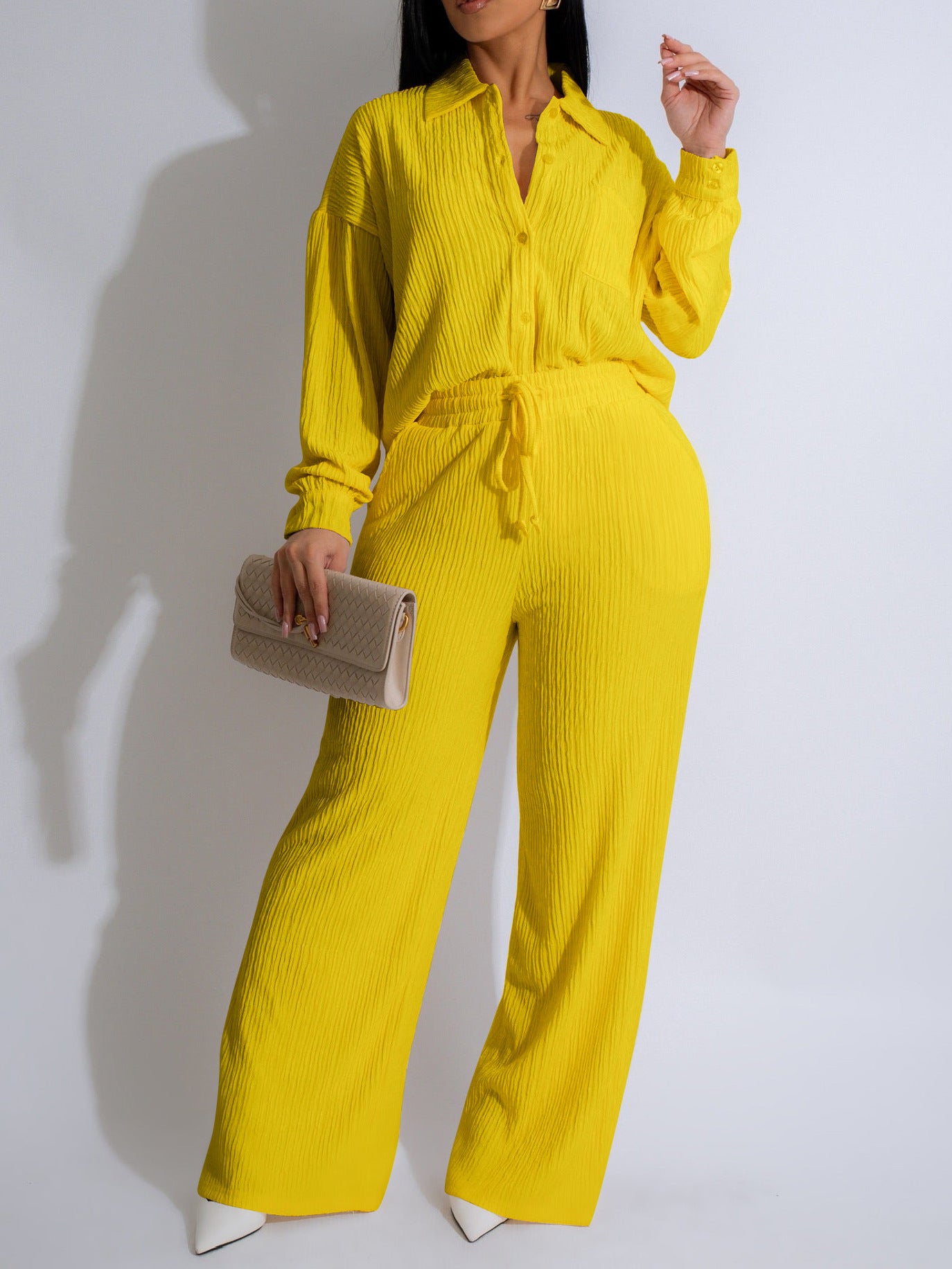 Women Clothing Two Piece Long Sleeve Pleated Casual Shirt Outfit Elastic Waist Straight Pant Sets