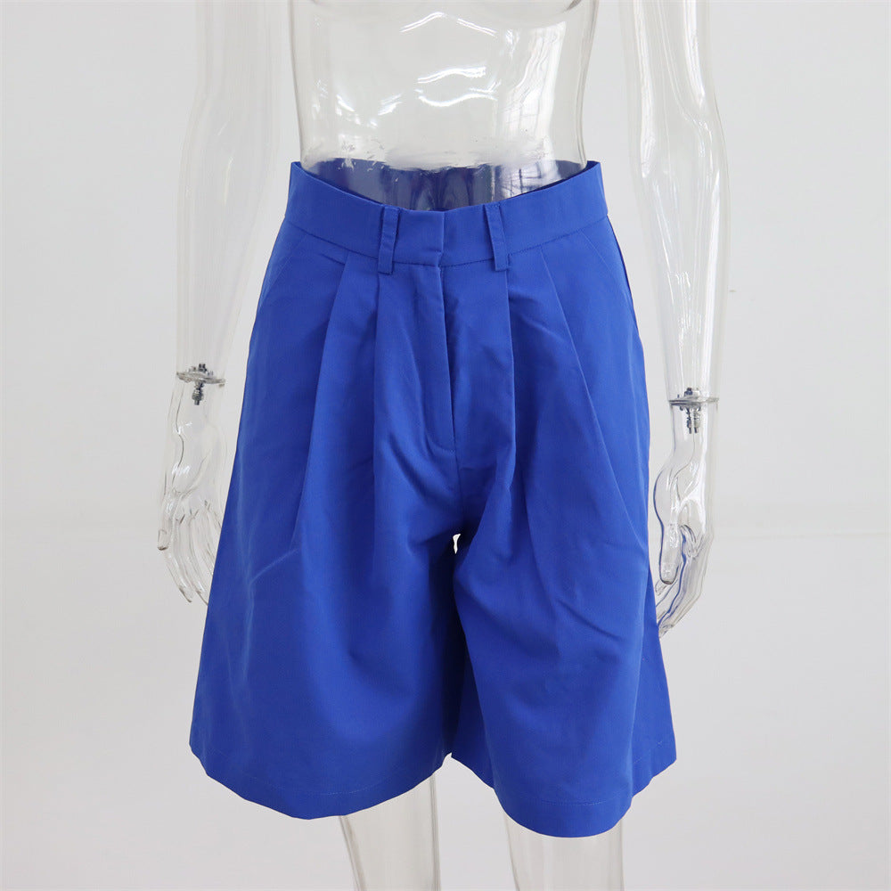 Summer Shorts Women Flanging Pocket Zipper Hidden Hook Solid Color Casual Pants Straight Blazer Shorts