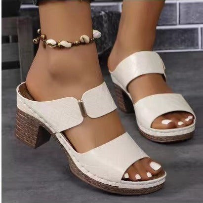 Open Toe High Heel Slippers Women Chunky Heel Embossed Sandals