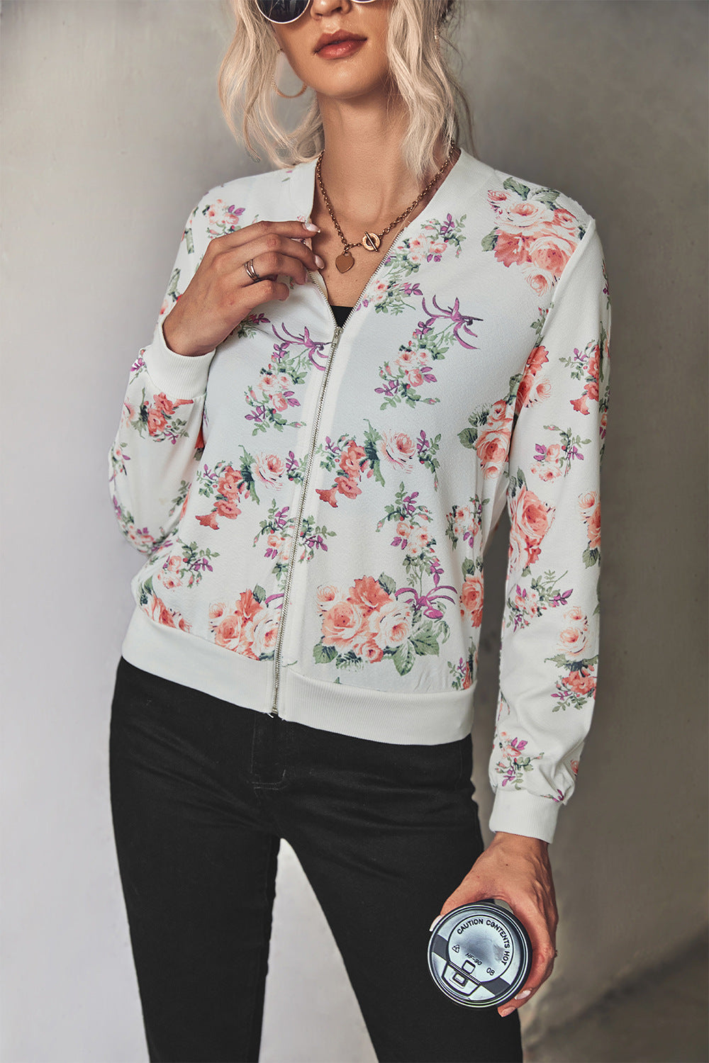 Autumn Winter Women Clothing Printing Thread Collar Zip Long Sleeve Coat