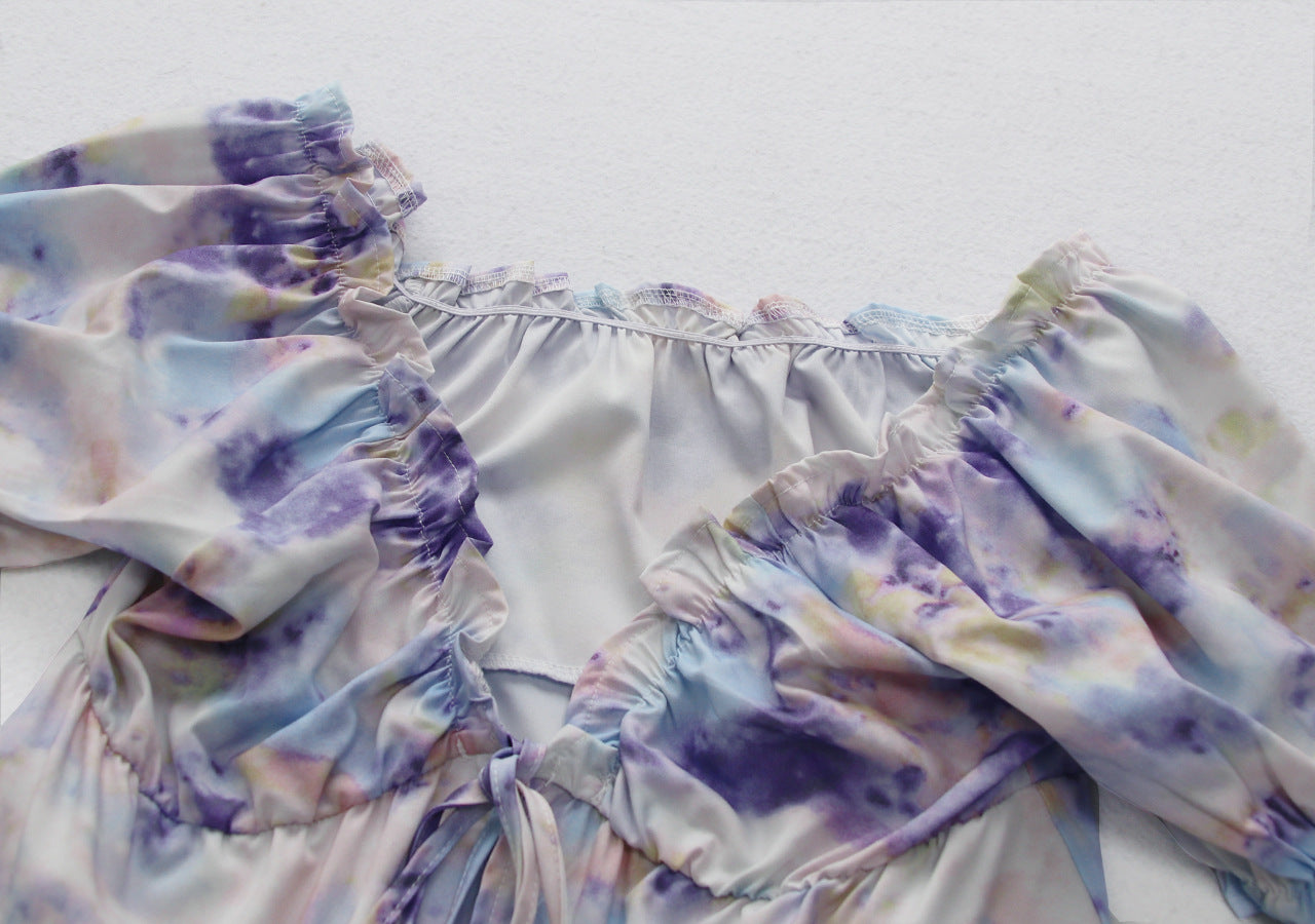 Summer Sexy Tie Dyed Home Wear Ruffled Pajamas Suit Casual Lace Up Outer Shirt Shorts Two Piece Suit