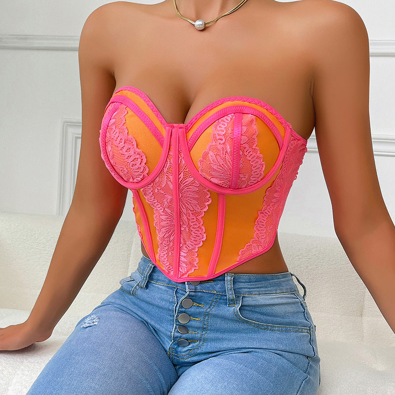 Pink Boning Corset Bra Sexy Top Steel Ring Boning Corset Tube Top Vest