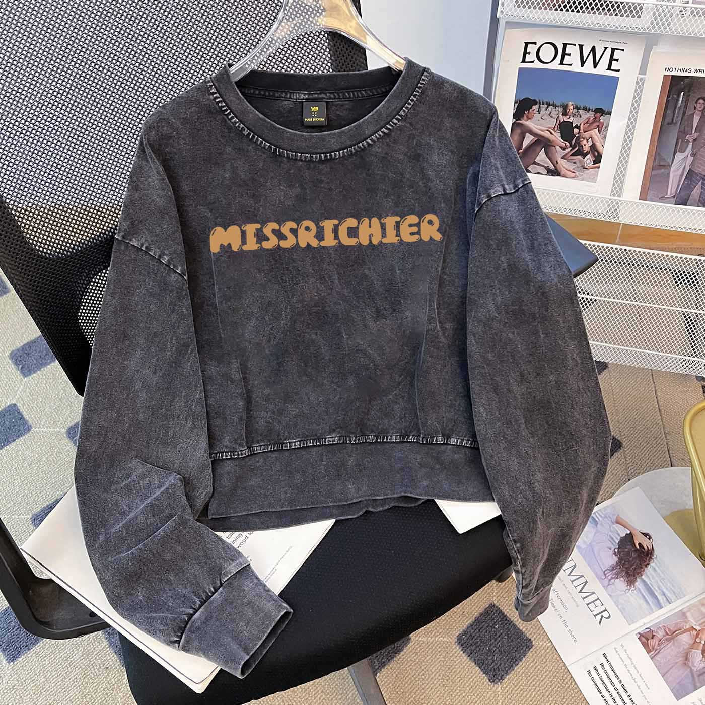 Niche Design Washed Out Vintage Cotton Sweatshirt Women High Street Washed Worn O Neck Short Long T Shirt