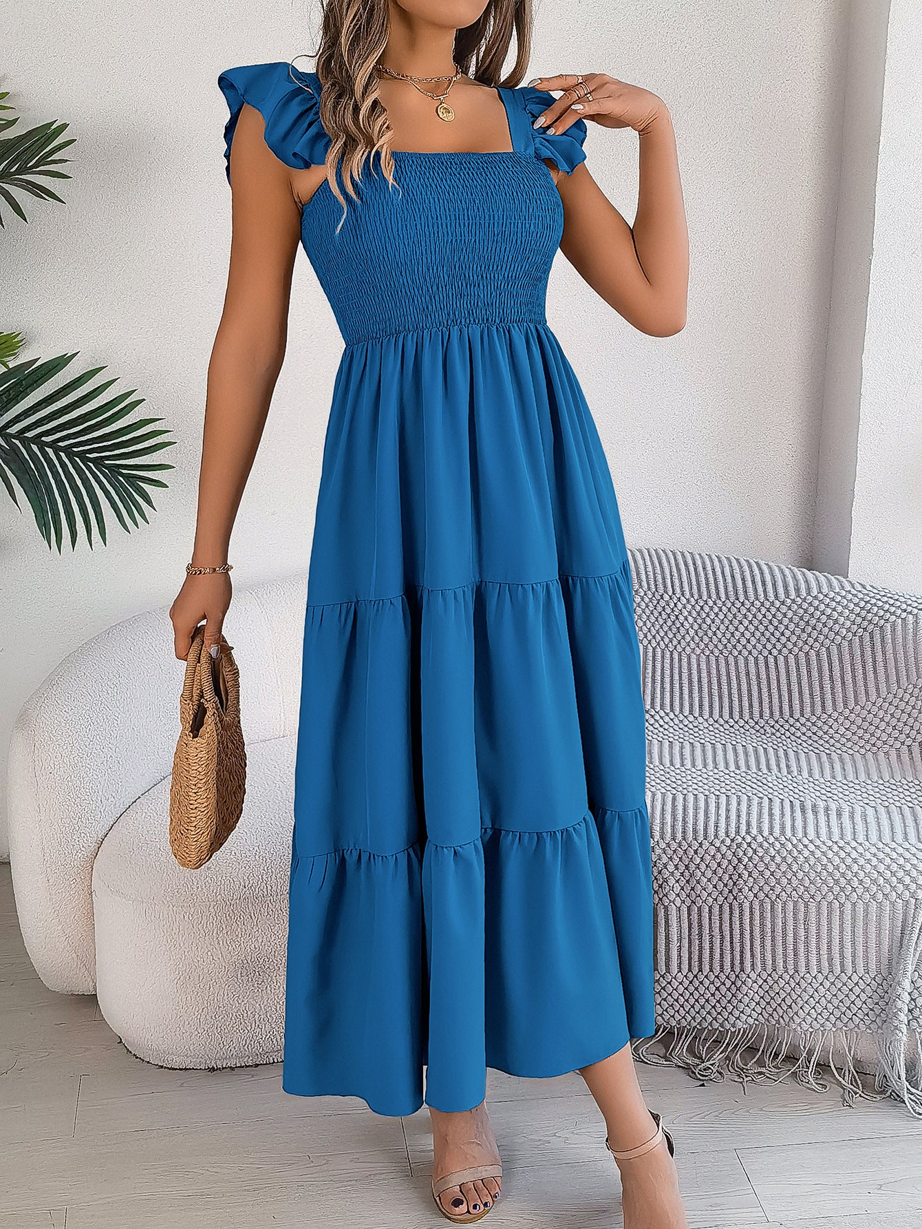 Summer Solid Color Square Collar Wooden Ear Waist A line Dress Women Clothing