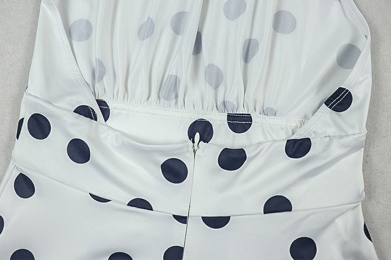 Women Wear Waist Pleated Polka Dot A line Dress Printed Halter Short Dress
