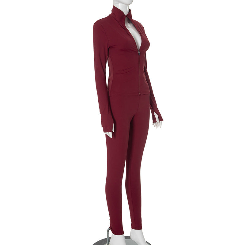 Solid Color Stand Collar Cardigan Tight Trousers Casual Yoga Clothes Sets