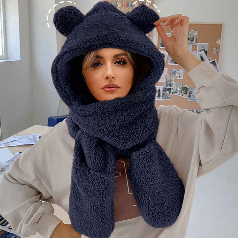 Scarf Hat Integrated Plush Belt Ear Hat Scarf Autumn Winter Warm