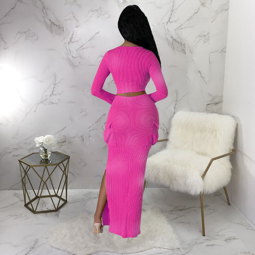 Women Wear Sunken Stripe Printed Pleated Side Pocket Split Skirt Set