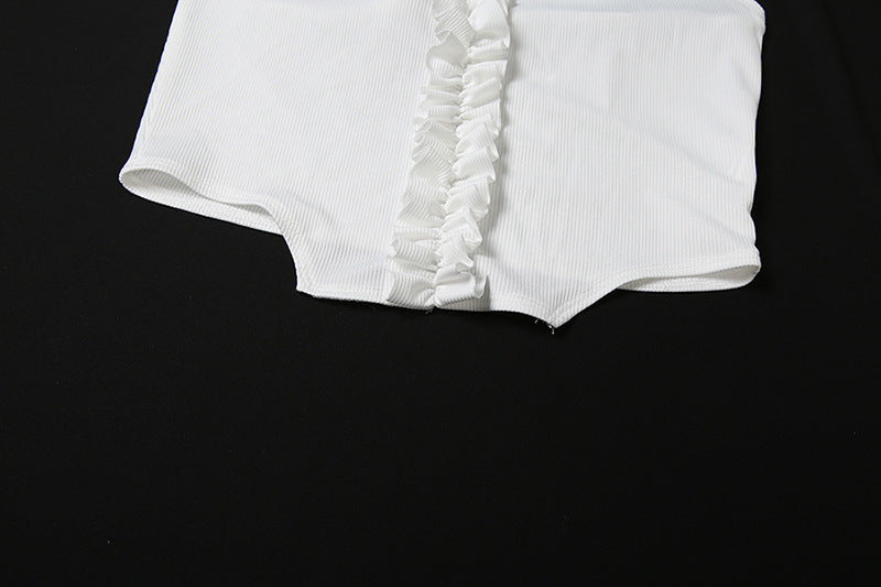 Spring Summer Women Clothing Solid Color Sexy Ruffles Halterneck Vest Slim Fit Base Shorts Two Piece Set