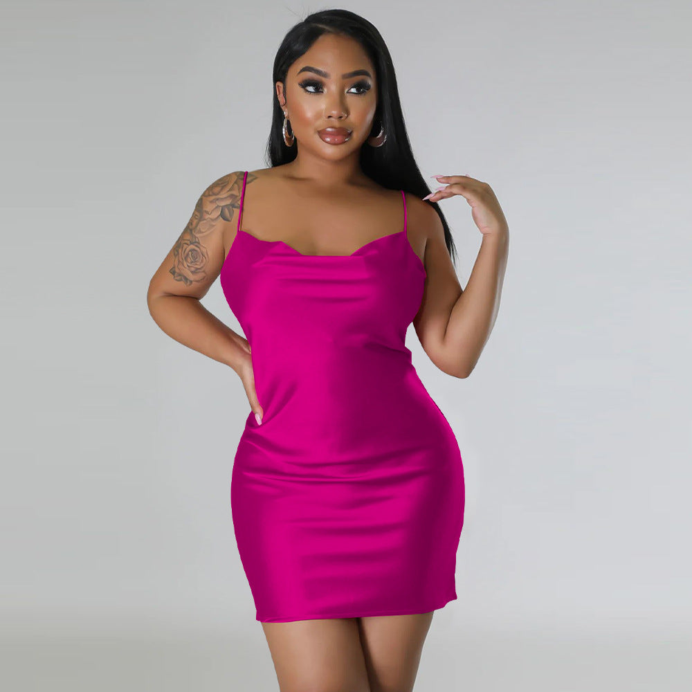 Women Clothing Solid Color Backless Dress Artificial Silk Sexy Swing Collar Sling Dress
