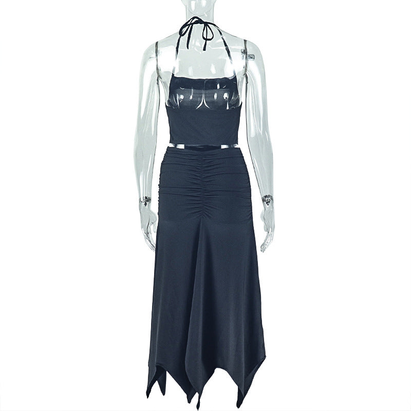 Pleated Swing Collar Solid Color Elegant Skirt Set Lace up Halterneck Special Split Two Piece Sets Women