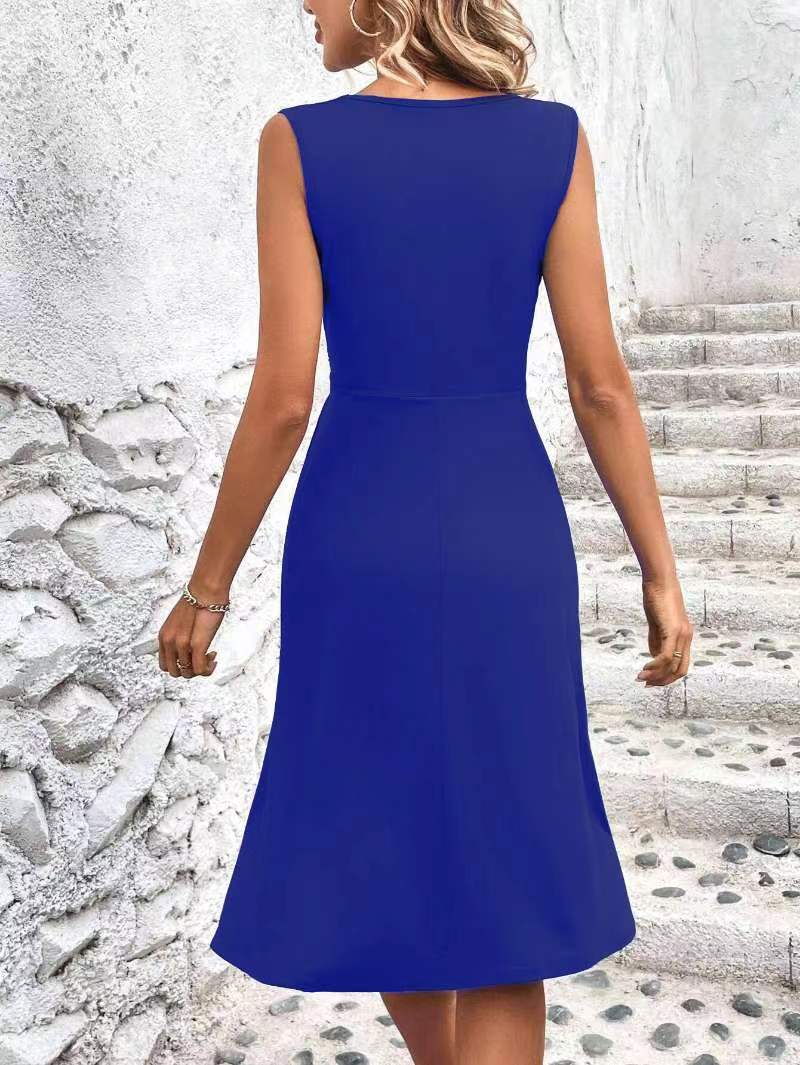 Summer Women Clothing Sleeveless V neck Elegant Slim Mid Length Dress Women