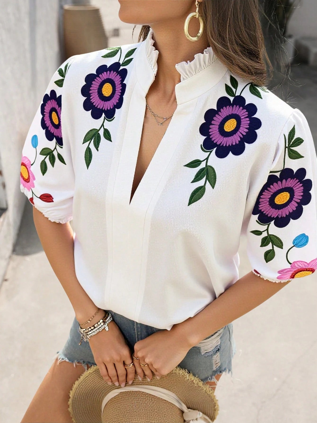Spring Summer Arrival Pure Cotton V neck Sleeve Turtleneck Embroidered Solid Color T shirt Top Women