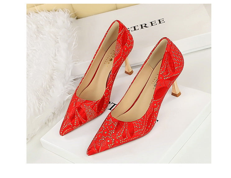 Lace Mid Heel Shoes Pointed Irregular Asymmetric Lines Stiletto Heel Women Professional Shoes