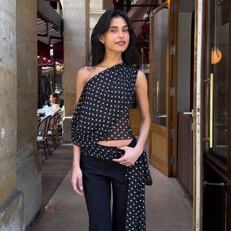 Women Clothing Summer Sexy Diagonal Collar Polka Dot Chiffon See through Irregular Asymmetric Top Women