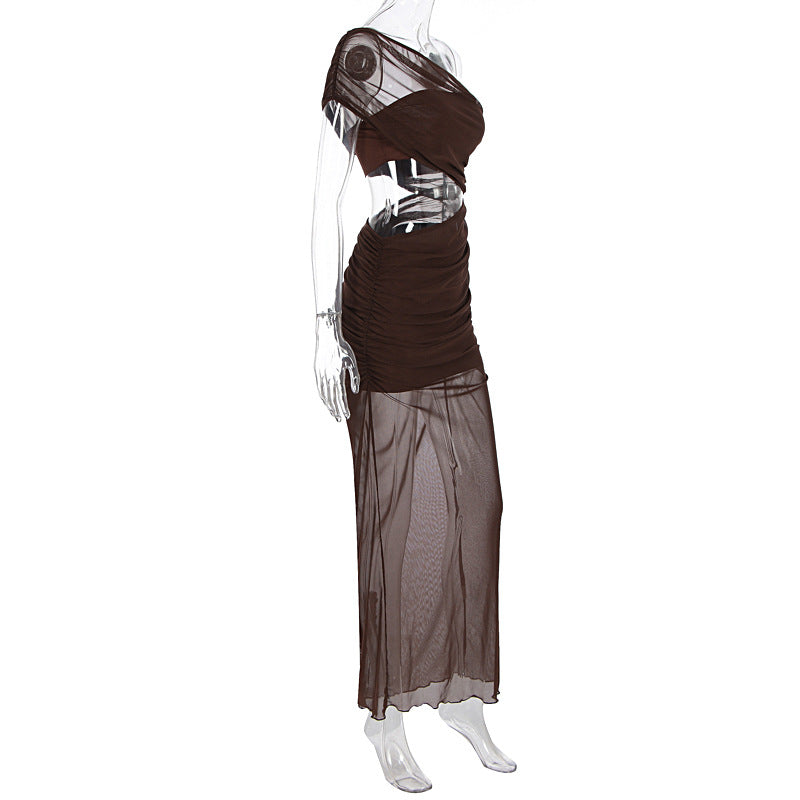 Women Clothing Summer Sexy off Shoulder Gauze Hollow Out Cutout Slim Fit Pleated See through Dress