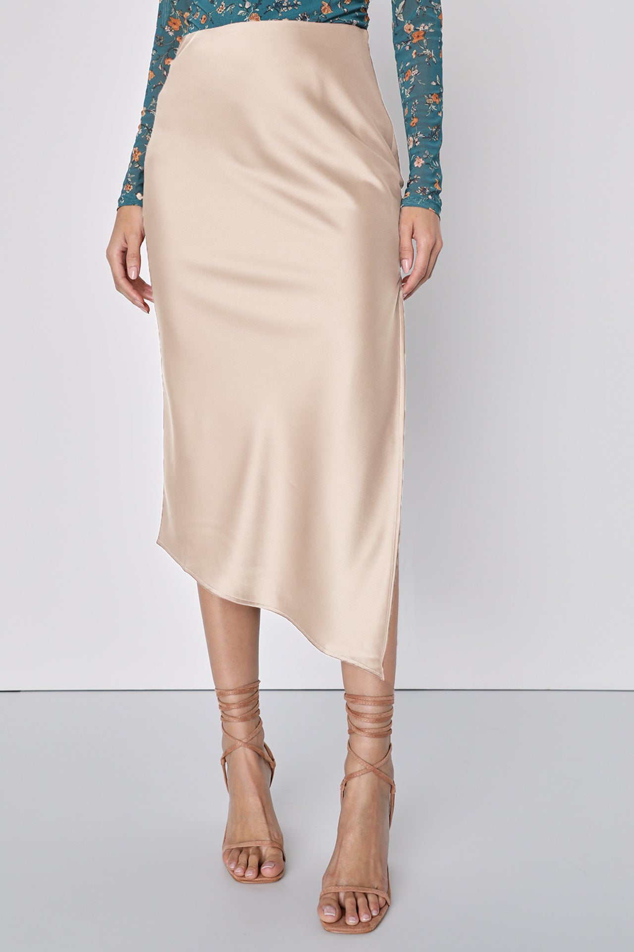 Women Clothing Satin Skirt Asymmetric High Waist Elastic Long Skirt Elegant Slit Skirt