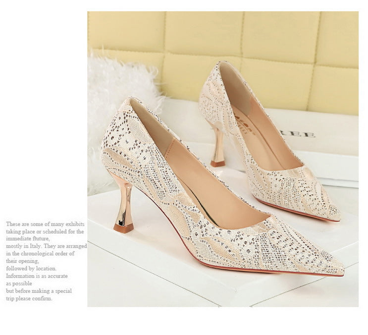 Lace Mid Heel Shoes Pointed Irregular Asymmetric Lines Stiletto Heel Women Professional Shoes