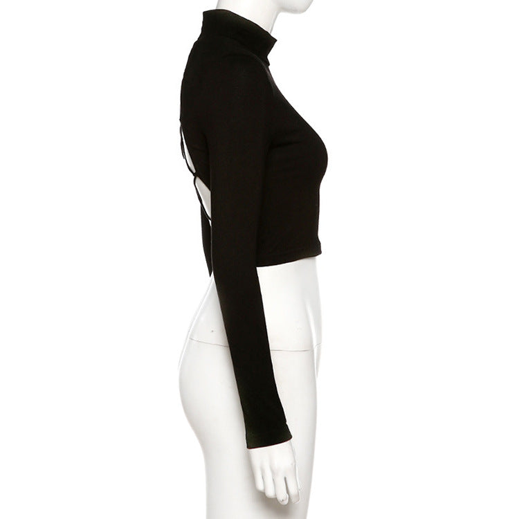 Women Clothing Black Top round Neck Long Sleeve Sexy Sexy Backless Lace up Slim T shirt for Women