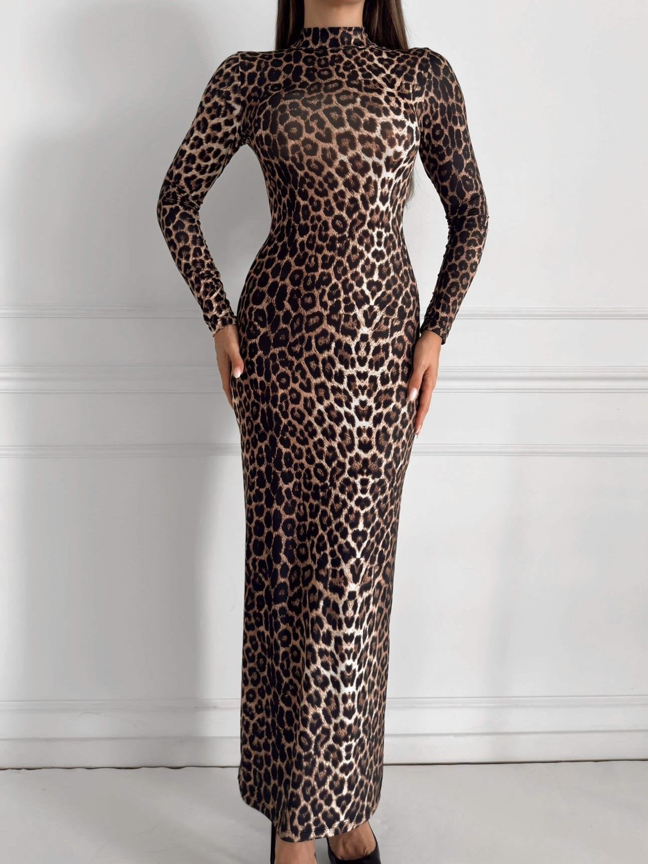 Autumn Leopard Print Stand Collar Long Sleeve Maxi Dress Women