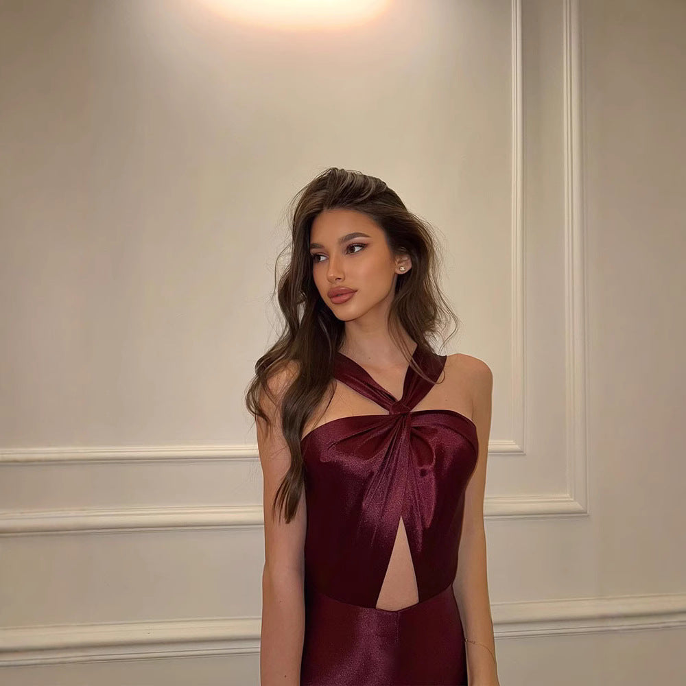 Close Fitting Slim Fitting Elegant Halter Tube Top Hollow Out Cutout Sexy One Piece Jumpsuit