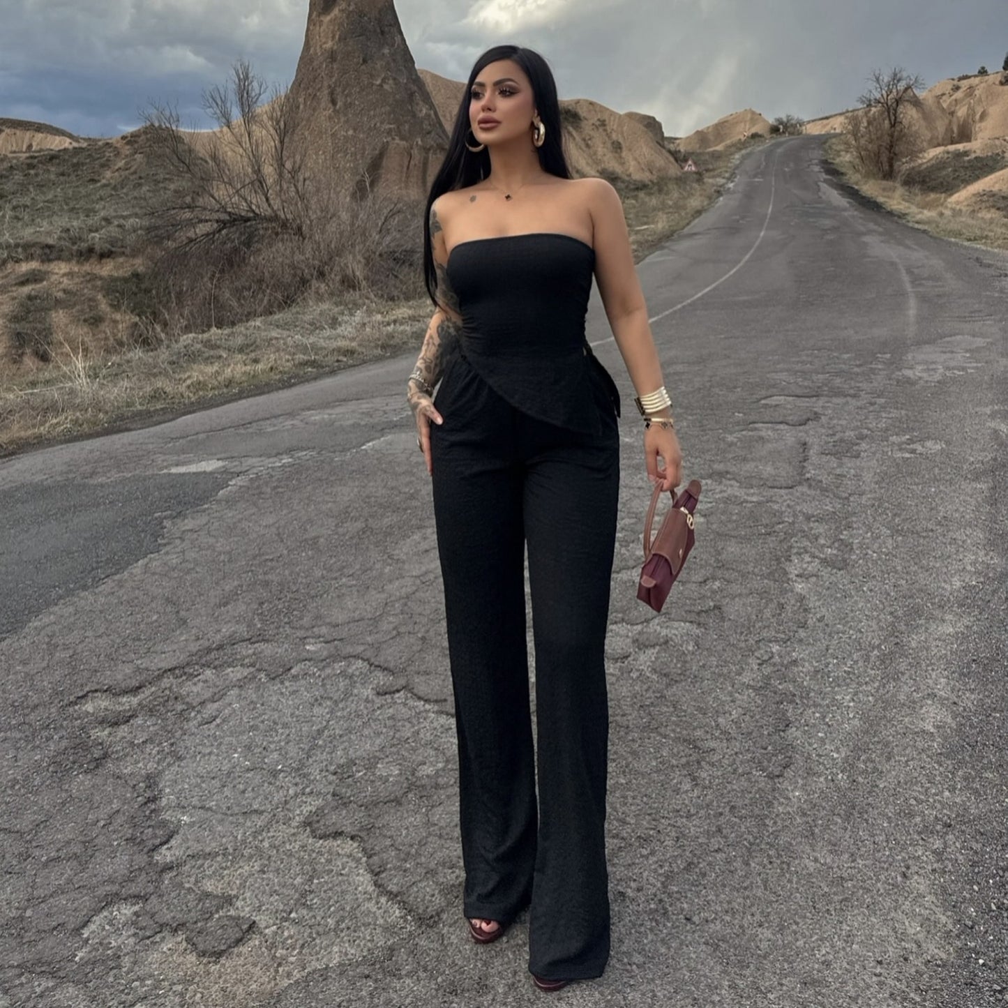 Summer Women Clothing Sexy off the Shoulder Tube Top Beveled Top Slim Trousers Two Piece Sets
