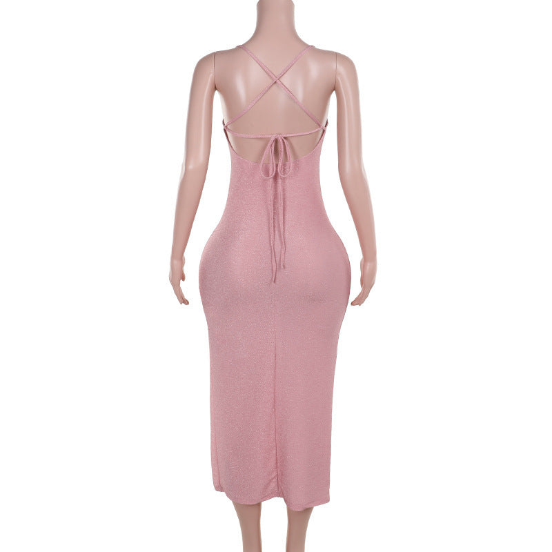 Autumn Sexy Socialite Sexy Slim Fit Camisole Gown Shiny Split Dress Women
