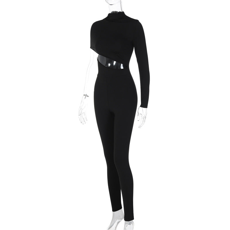 Women Clothing Autumn Sexy Personalized High Elastic Shoulder Long Sleeve Jumpsuit