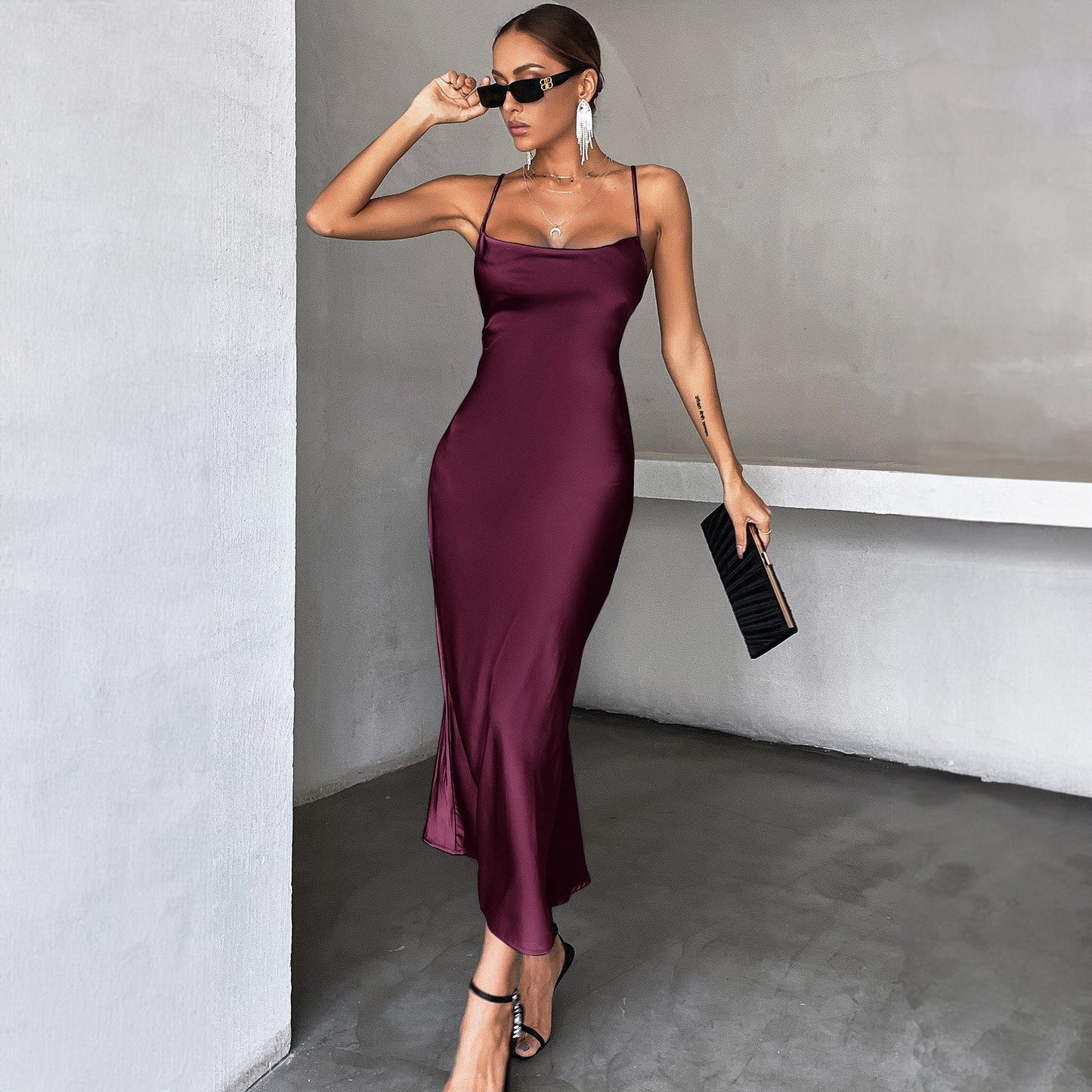 Summer Back Lace up Sleeveless Slim Fit Sexy Pure Black Sheath Cami Dress