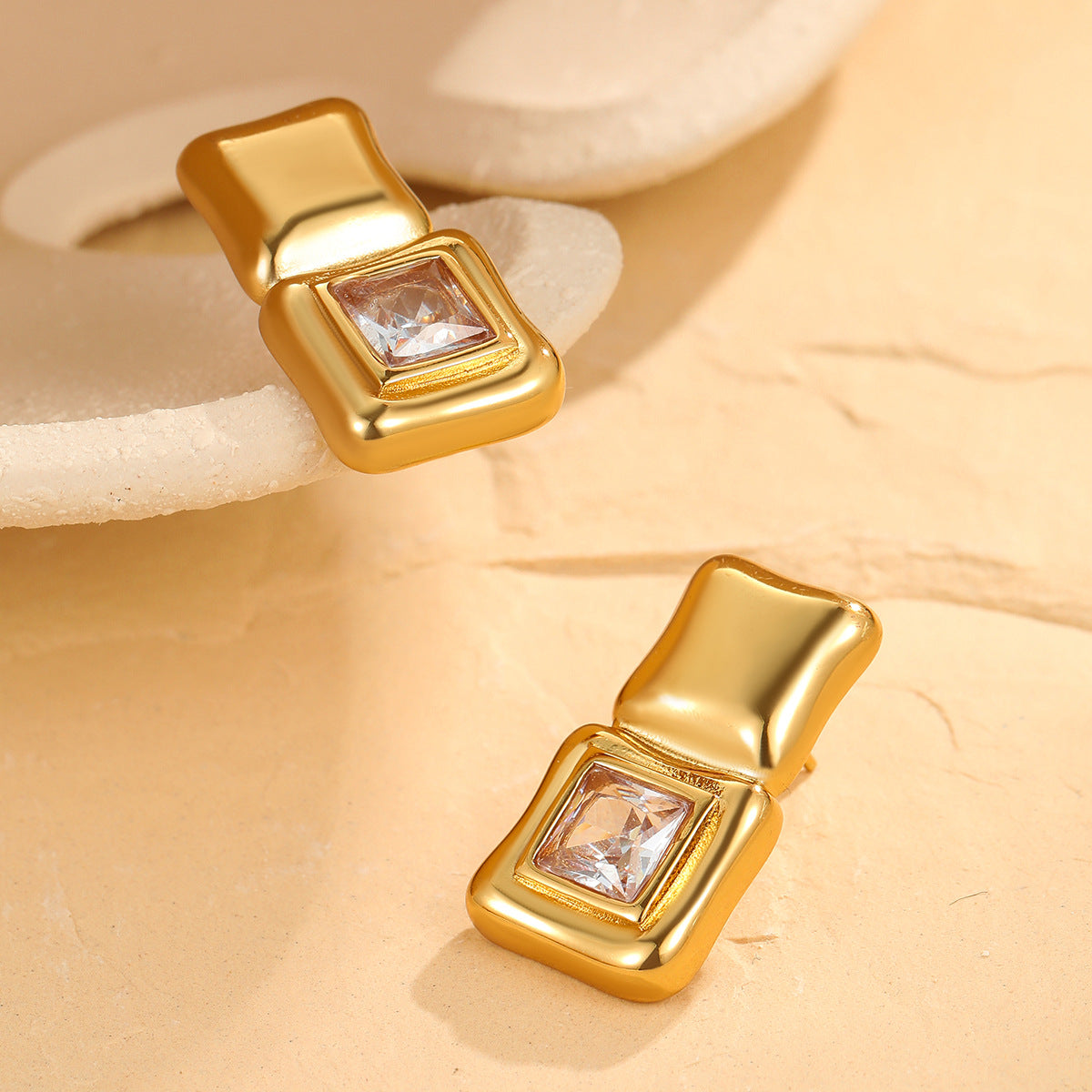 Geometric Abstract Square Crystal Sugar Large Zircon Stainless Steel Earrings Vacuum Plating 18K Gold Advanced Ear Rings