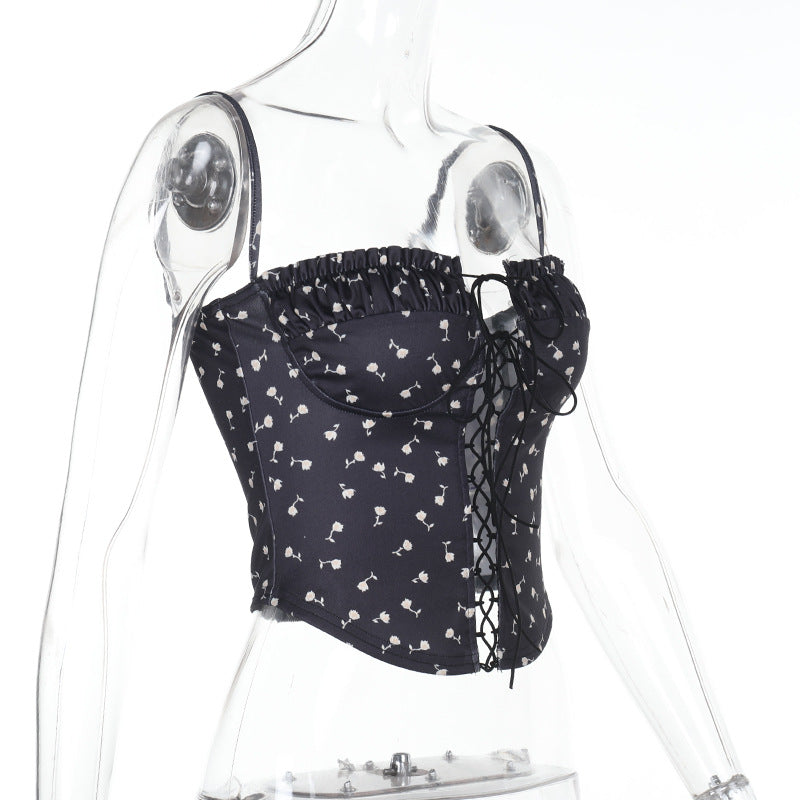Printed Hollow Out Cutout out Strap Strap Top Women Spring Sexy See through Tube Top