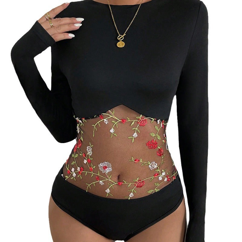 Tight Sexy Black Slim Fit Long Sleeved Embroidered Stitching One Piece T shirt