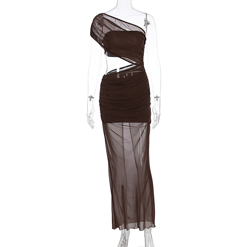 Women Clothing Summer Sexy off Shoulder Gauze Hollow Out Cutout Slim Fit Pleated See through Dress