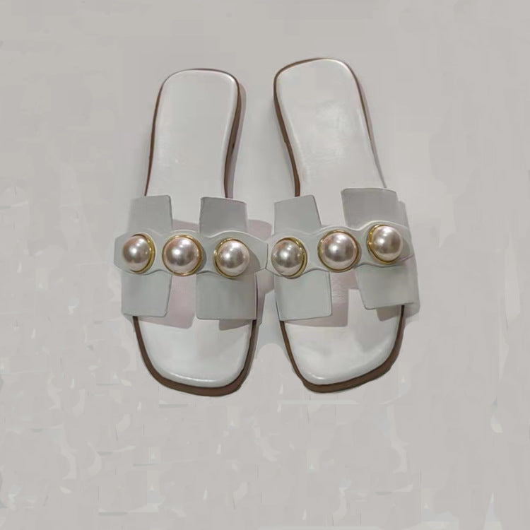 Pearl Flat Slippers Women Lightweight Low Heel Outerwear Beach Slippers Supply