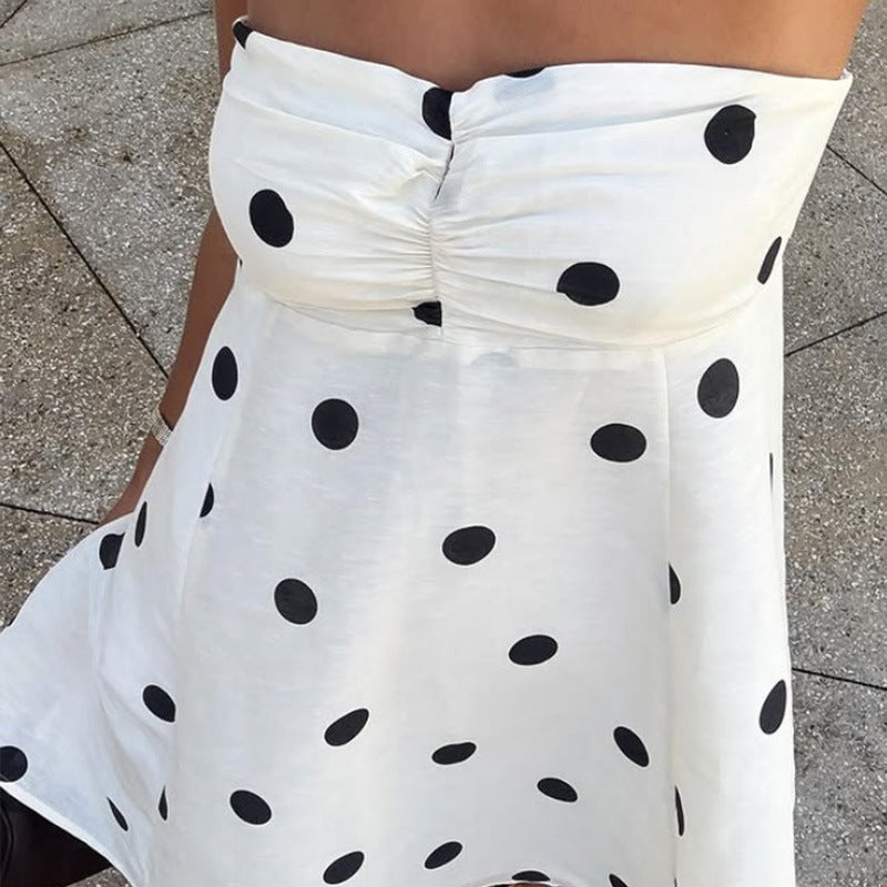 Elegant Expensive Tube Top Dress Loose Polka Dot Printed Short Dress with Scarf