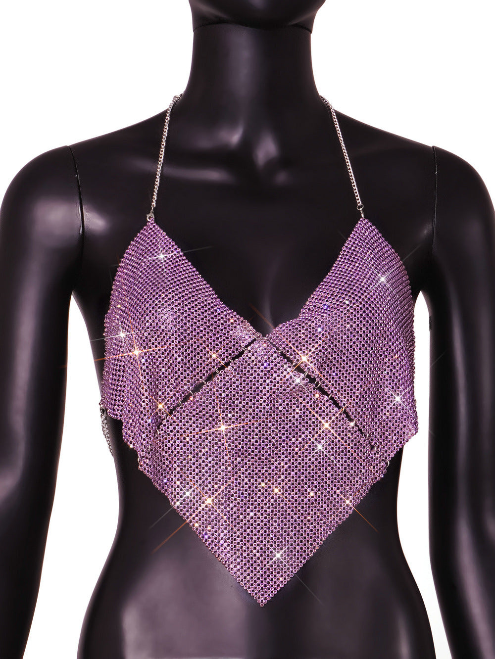 Women Clothing Nightclub Sexy Low Cut Backless Halter Rhinestone Stitching Triangle Vest Women