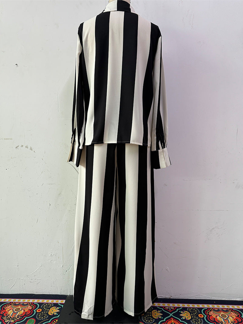 Autumn Casual Black White Striped Button Pocket Design Shirt Wide Leg Pants Two Piece Sets