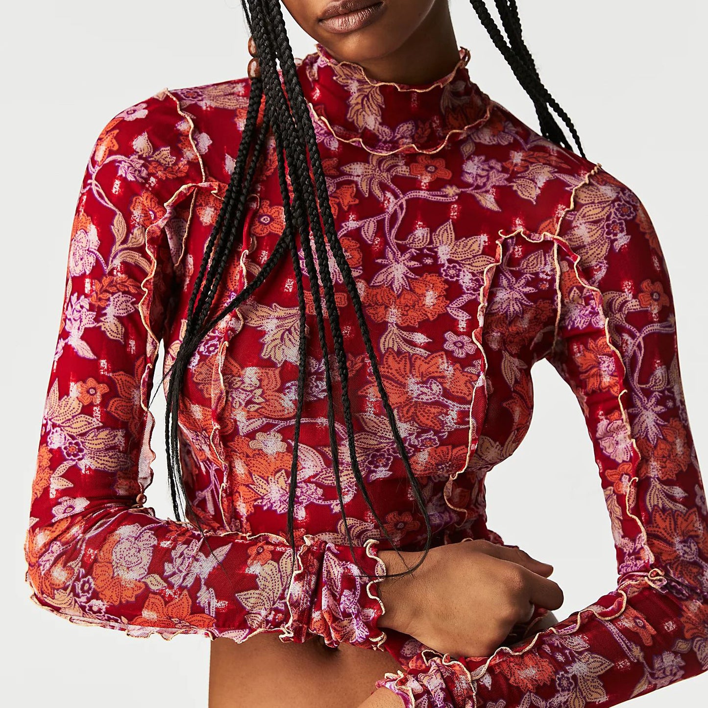 Long Sleeve Slim Fit Autumn Winter Plant Floral Floral Print Turtleneck Top Women Clothing