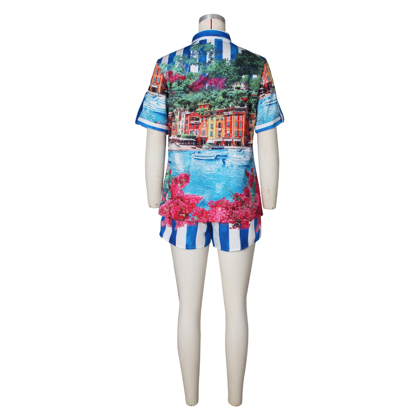 Women Clothing Personalized Positioning Printed Short Sleeved Shorts Color Matching Vacation Casual Two Piece Sets