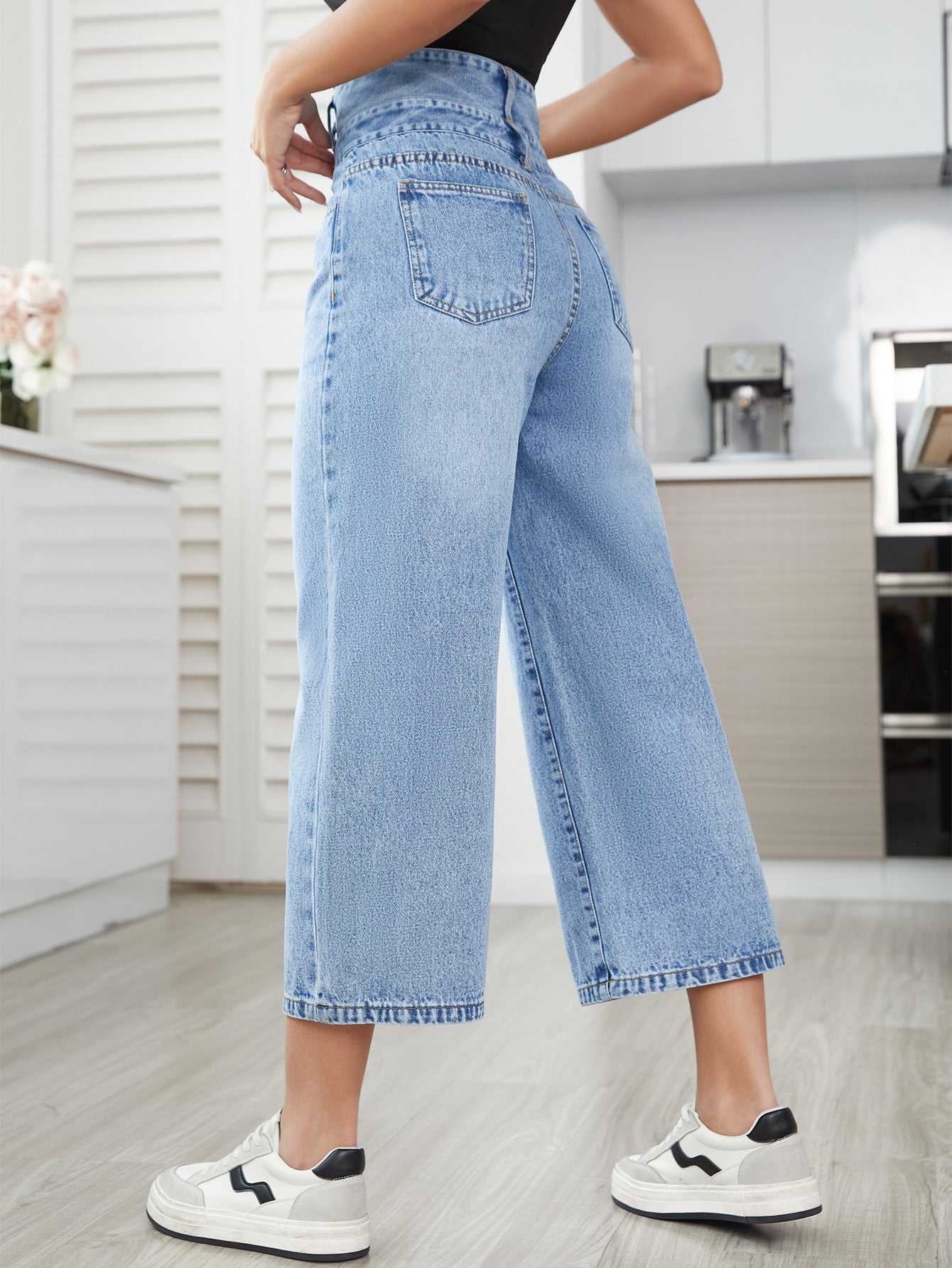 Denim Pants Women Straight High Waist Cropped Pants