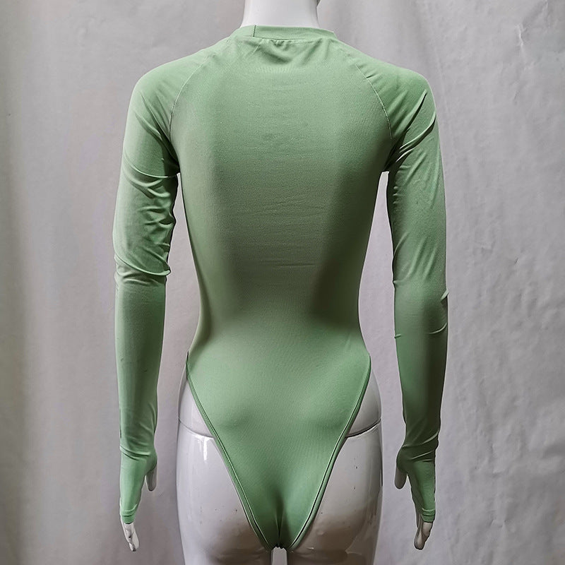 Spring Round Neck Long Sleeve Bottoming Skinny Solid Color Sexy Siamese Top Women