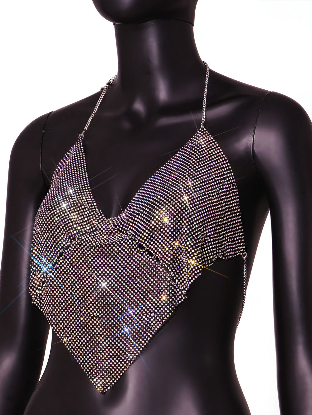 Women Clothing Nightclub Sexy Low Cut Backless Halter Rhinestone Stitching Triangle Vest Women