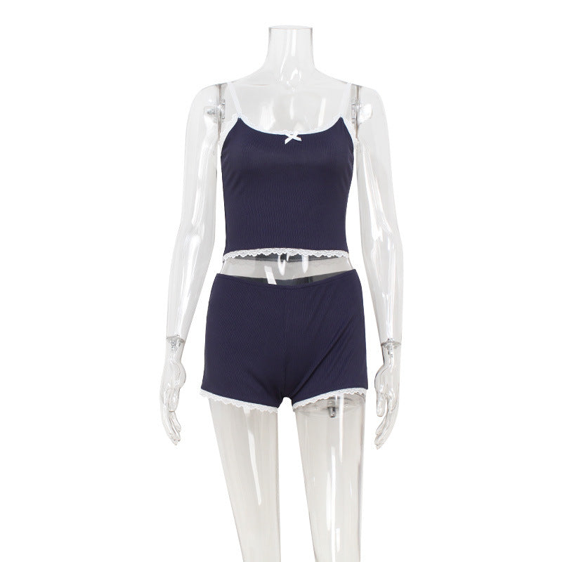 Sexy Women Clothing Summer Suspender Shorts Contrast Color Lace Edge Sexy Two Piece Sets Women