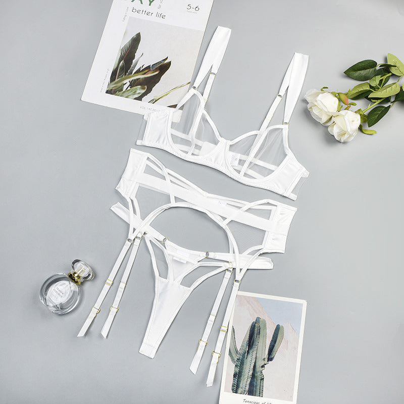 Sexy Sheer Mesh Women Push Up Sexy Split Underwear With Steel Ring Three Piece Set