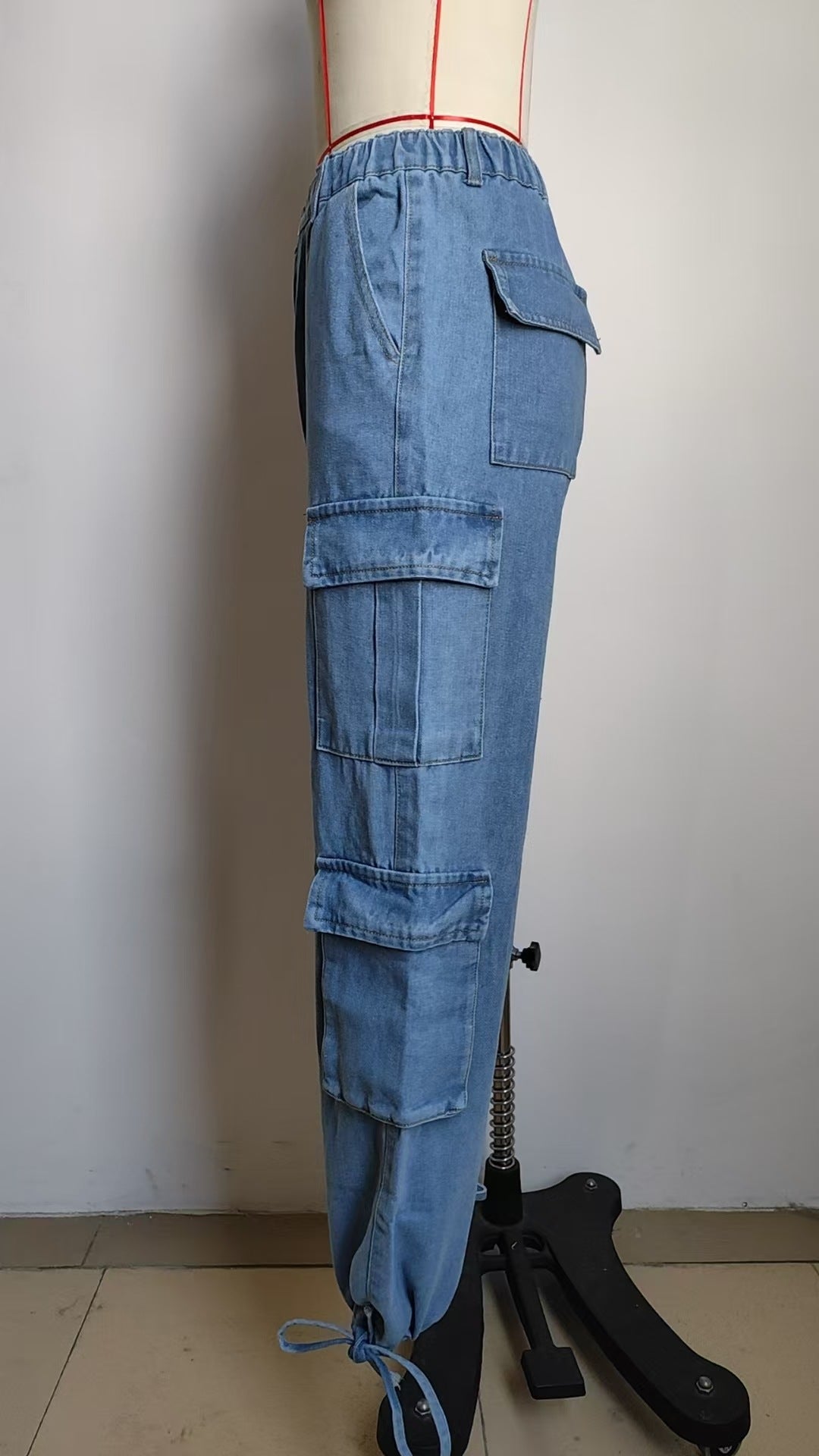 Women Loose Drawstring Design Denim Overalls Casual Sports