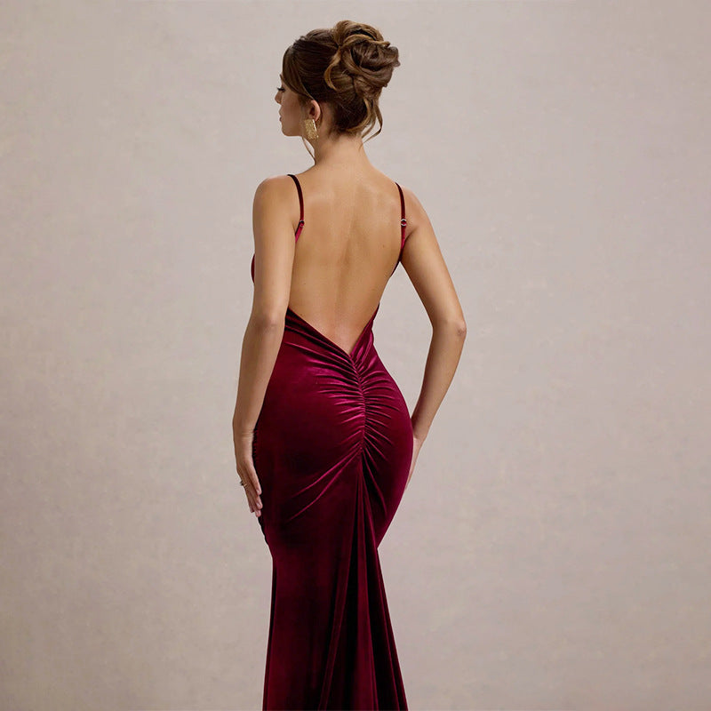 Autumn Socialite Sexy Velvet Pleated Fitted Waist Backless Sling Dress