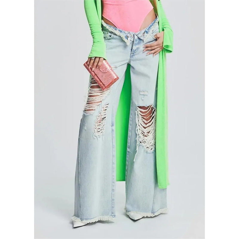 Ladies Jeans Ripped Irregular Asymmetric Side Turn Waist Wide Leg Trousers Women