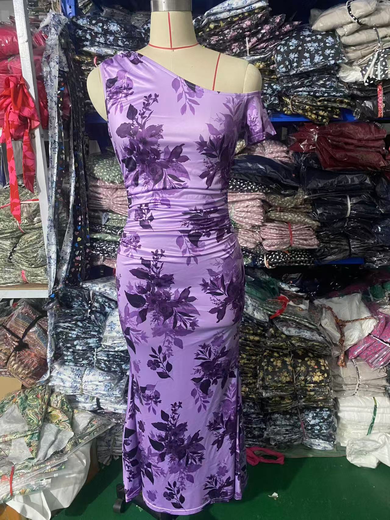 Printed Shoulder High Waist Sheath Dress Slimming Dress