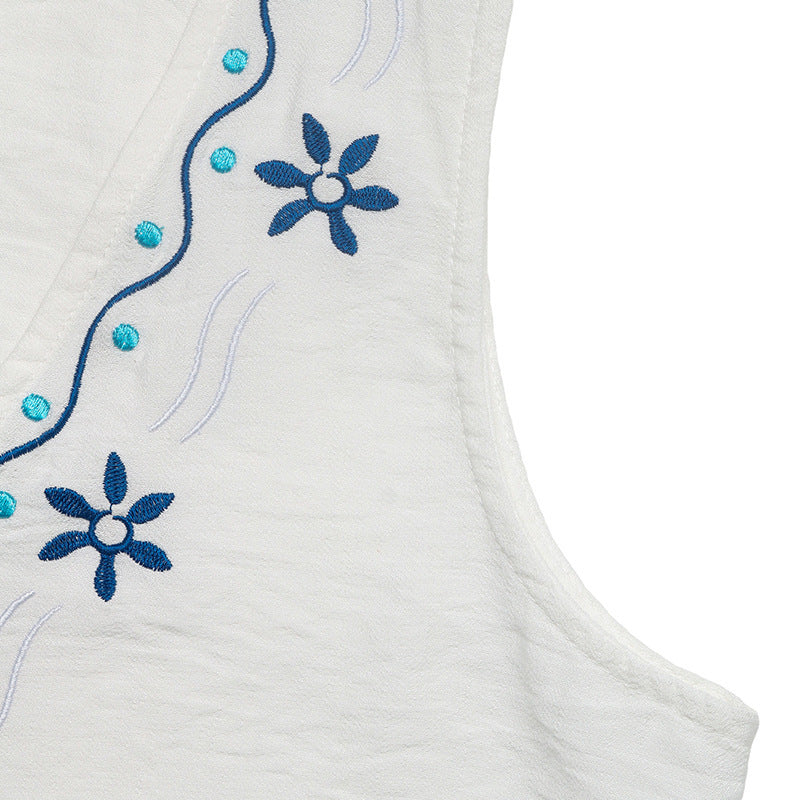 Ethnic Holiday Women Clothing Summer Casual Embroidery Cardigan Sleeveless Tank Top Shorts Two Piece Sets