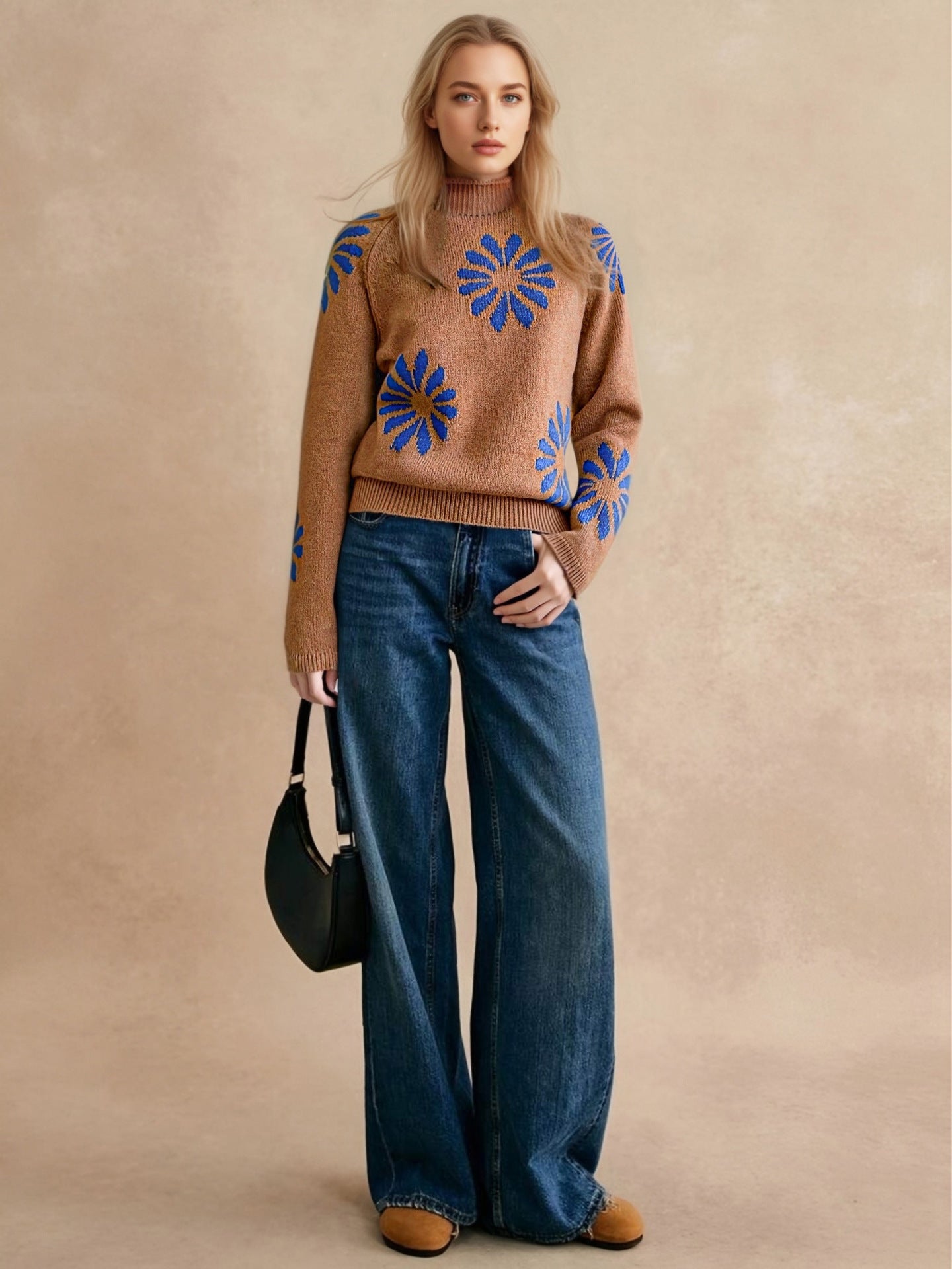 Autumn Winter Casual Clothes Long Sleeve round Neck Floral Sweater Women Loose
